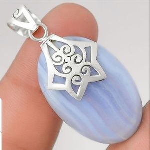 Blue Lace Agate Sterling Silver Pendant Necklace